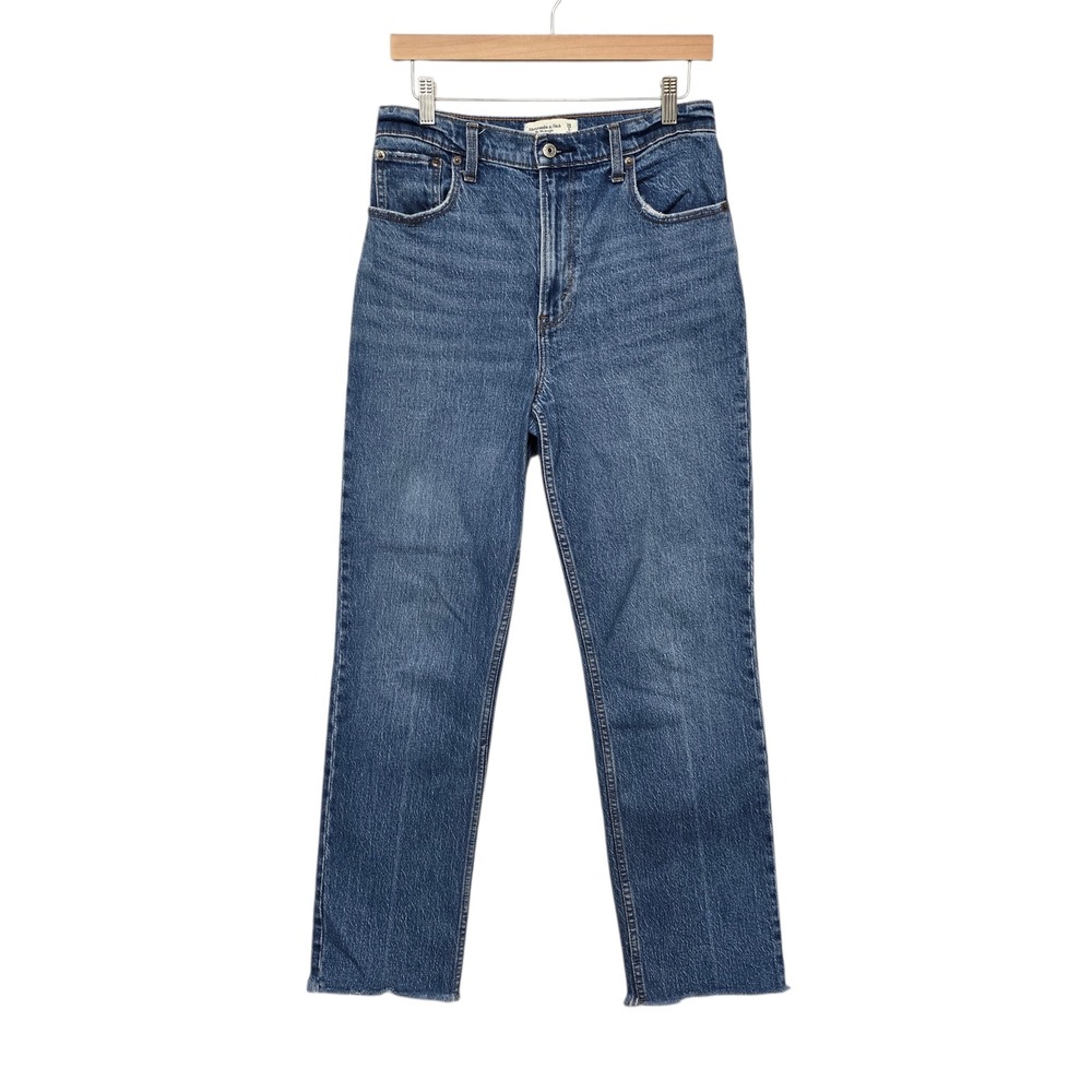 Abercrombie & Fitch The 90s Straight Ultra High Rise Jeans Blue Raw Hem Sz 28 6R